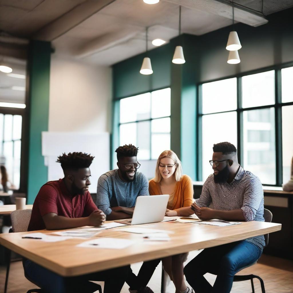 A vibrant and dynamic scene featuring a group of young entrepreneurs brainstorming ideas for a new start-up