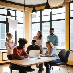 A vibrant and dynamic scene featuring a group of young entrepreneurs brainstorming ideas for a new start-up