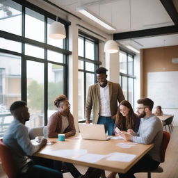 A vibrant and dynamic scene featuring a group of young entrepreneurs brainstorming ideas for a new start-up