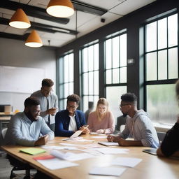 A vibrant and dynamic scene featuring a group of young entrepreneurs brainstorming ideas for a new start-up