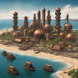 A graphic representation of Togo inspired by steampunk aesthetics, showcasing Lome cityscape permeated with retro-futuristic machinery, the lush landscape transformed by steam-powered elements, and tranquil beaches frequented by intricate gear-infused leisure devices.