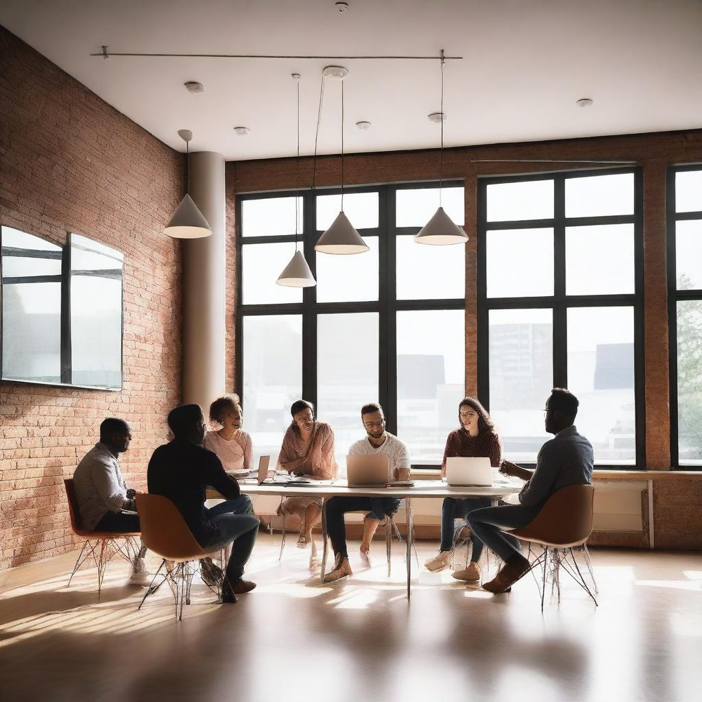 A vibrant and dynamic scene featuring a group of young entrepreneurs brainstorming ideas for a new start-up