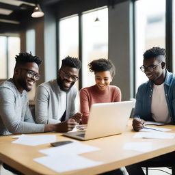 A vibrant and dynamic scene featuring a group of young entrepreneurs brainstorming ideas for a new start-up