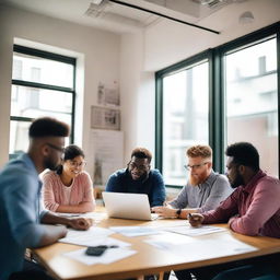 A vibrant and dynamic scene featuring a group of young entrepreneurs brainstorming ideas for a new start-up