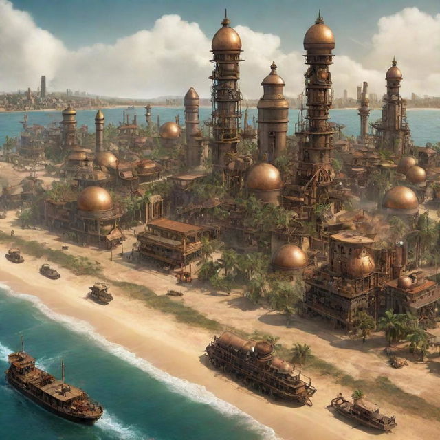 A graphic representation of Togo inspired by steampunk aesthetics, showcasing Lome cityscape permeated with retro-futuristic machinery, the lush landscape transformed by steam-powered elements, and tranquil beaches frequented by intricate gear-infused leisure devices.