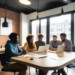 A vibrant and dynamic scene featuring a group of young entrepreneurs brainstorming ideas for a new start-up