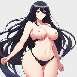 Create an image of an anime-style waifu character with long black hair, an attractive figure, and a suggestive pose