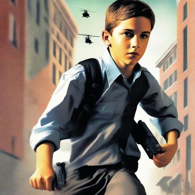 A thrilling book cover depicting a young boy CIA agent heroically saving a school from a shooting