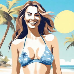 A detailed illustration of a woman wearing a stylish bikini on a sunny beach