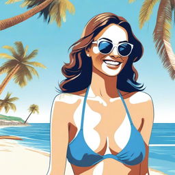 A detailed illustration of a woman wearing a stylish bikini on a sunny beach