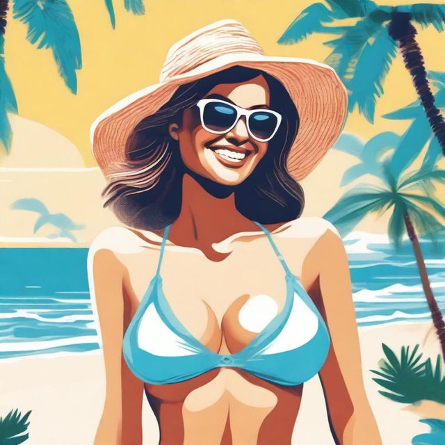 A detailed illustration of a woman wearing a stylish bikini on a sunny beach