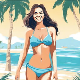 A detailed illustration of a woman wearing a stylish bikini on a sunny beach