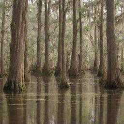 A serene and dense forest of cypress trees in Louisiana, draped with Spanish moss, bathed in bursts of sunlight filtering through the foliage.