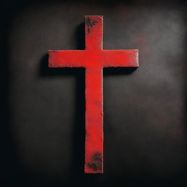 A red Christian cross generated as if it was spraypainted, juxtaposed against a black background