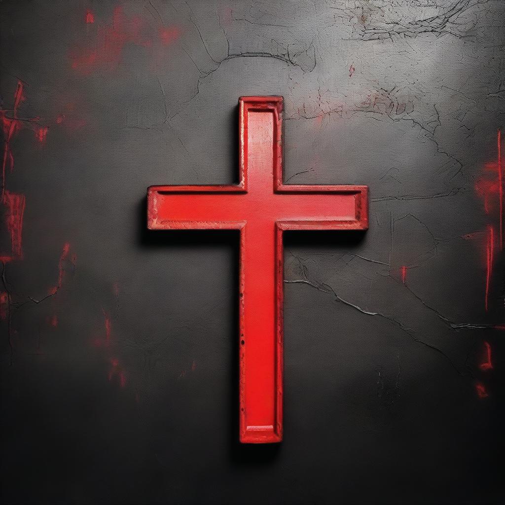 A red Christian cross generated as if it was spraypainted on a matte black wall