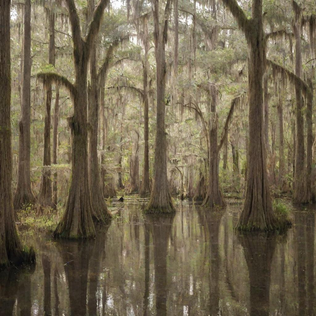 A serene and dense forest of cypress trees in Louisiana, draped with Spanish moss, bathed in bursts of sunlight filtering through the foliage.