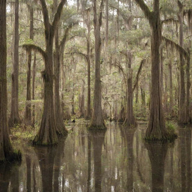 A serene and dense forest of cypress trees in Louisiana, draped with Spanish moss, bathed in bursts of sunlight filtering through the foliage.