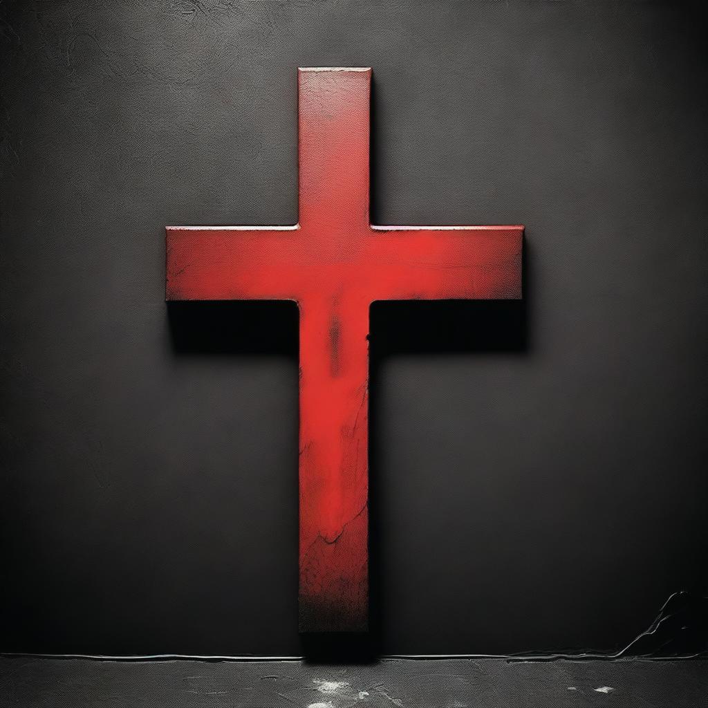 A red Christian cross generated as if it was spraypainted on a matte black wall