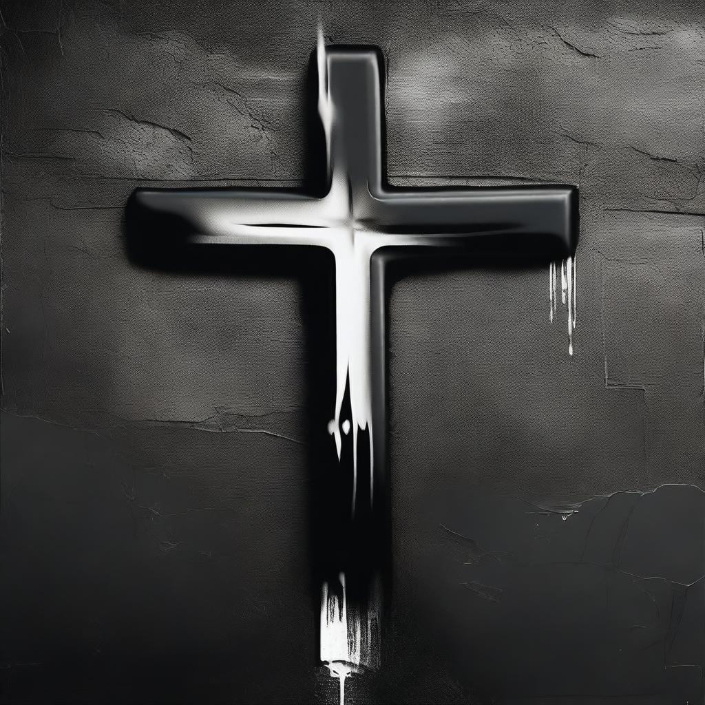 A graffiti-style Christian cross spraypainted on a black wall