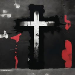 A graffiti-style Christian cross spraypainted on a black wall