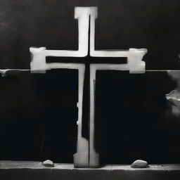 A graffiti-style Christian cross spraypainted on a black wall