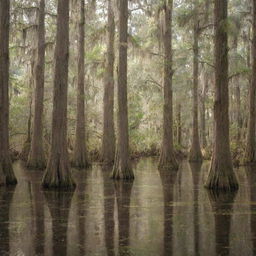 A serene and dense forest of cypress trees in Louisiana, draped with Spanish moss, bathed in bursts of sunlight filtering through the foliage.