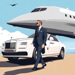 Illustrate a rich man getting out of a Rolls Royce and walking towards a private jet