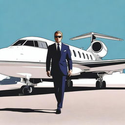 Illustrate a rich man getting out of a Rolls Royce and walking towards a private jet