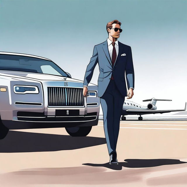 Illustrate a rich man getting out of a Rolls Royce and walking towards a private jet