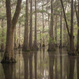 A serene and dense forest of cypress trees in Louisiana, draped with Spanish moss, bathed in bursts of sunlight filtering through the foliage.