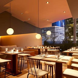 A stylish and modern restaurant with minimalistic design. The dining area filled with geometrically shaped furniture, an open-concept kitchen, sleek pendant lights hanging from the ceiling, and large panoramic windows revealing a bustling cityscape.