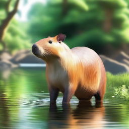 A detailed and realistic image of a capybara standing near a riverbank, surrounded by lush greenery and a serene environment