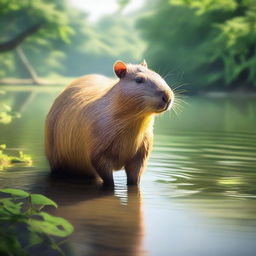 A detailed and realistic image of a capybara standing near a riverbank, surrounded by lush greenery and a serene environment