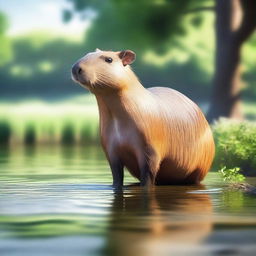 A detailed and realistic image of a capybara standing near a riverbank, surrounded by lush greenery and a serene environment