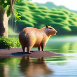 A detailed and realistic image of a capybara standing near a riverbank, surrounded by lush greenery and a serene environment