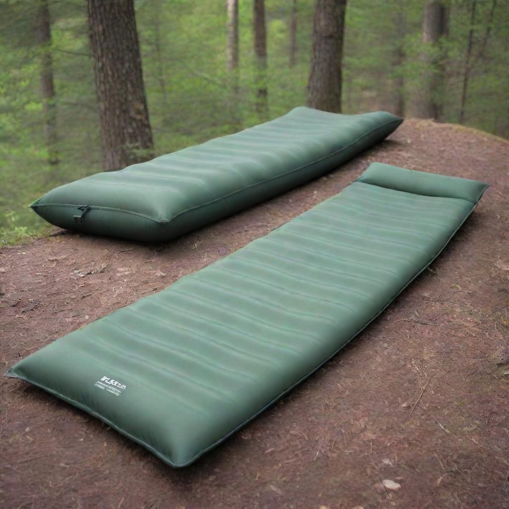 Display a single-person, foldable sleeping pad designed for convenience and comfort, featured prominently as key outdoor gear in a serene camping setting.