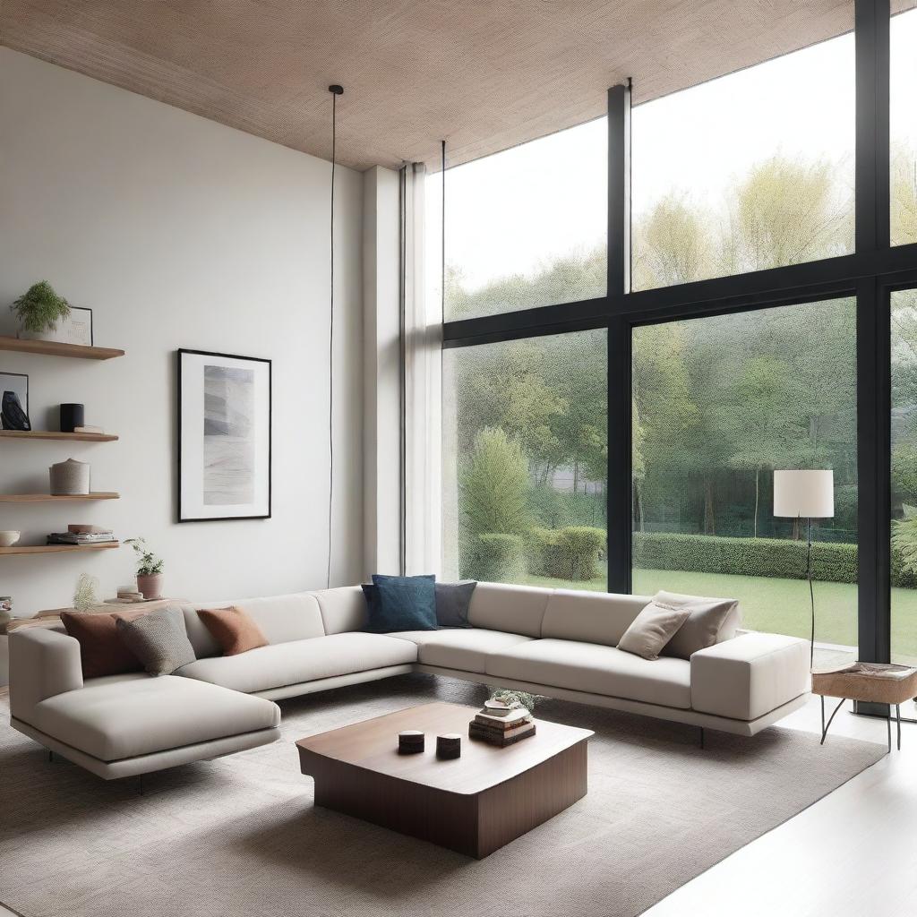 A beautifully designed modern home interior featuring a spacious living room with contemporary furniture, large windows allowing natural light, and elegant decor