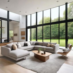 A beautifully designed modern home interior featuring a spacious living room with contemporary furniture, large windows allowing natural light, and elegant decor