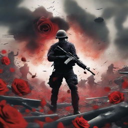 Create a book cover image featuring a chaotic war background with explosions and soldiers in the distance