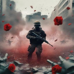 Create a book cover image featuring a chaotic war background with explosions and soldiers in the distance