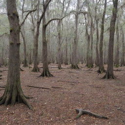 A dry Louisiana cypress tree forest, Spanish moss hanging from branches, with a ground covered in fallen leaves, devoid of water bodies.