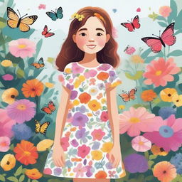 A detailed illustration of a young girl standing in a beautiful garden filled with colorful flowers and butterflies