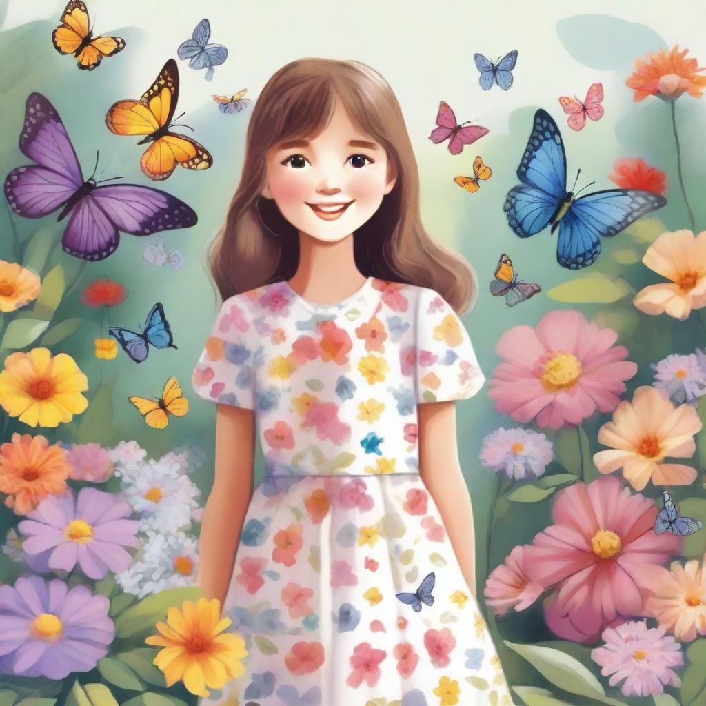 A detailed illustration of a young girl standing in a beautiful garden filled with colorful flowers and butterflies