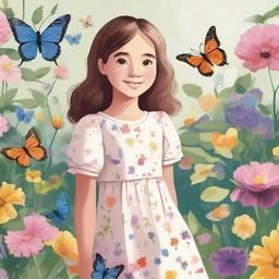 A detailed illustration of a young girl standing in a beautiful garden filled with colorful flowers and butterflies