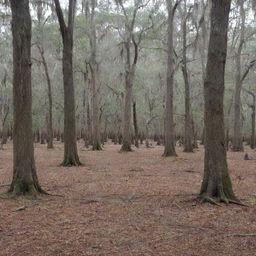A dry Louisiana cypress tree forest, Spanish moss hanging from branches, with a ground covered in fallen leaves, devoid of water bodies.