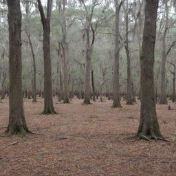 A dry Louisiana cypress tree forest, Spanish moss hanging from branches, with a ground covered in fallen leaves, devoid of water bodies.