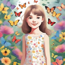 A detailed illustration of a young girl standing in a beautiful garden filled with colorful flowers and butterflies