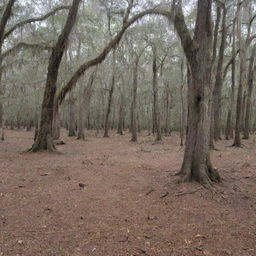 A dry Louisiana cypress tree forest, Spanish moss hanging from branches, with a ground covered in fallen leaves, devoid of water bodies.