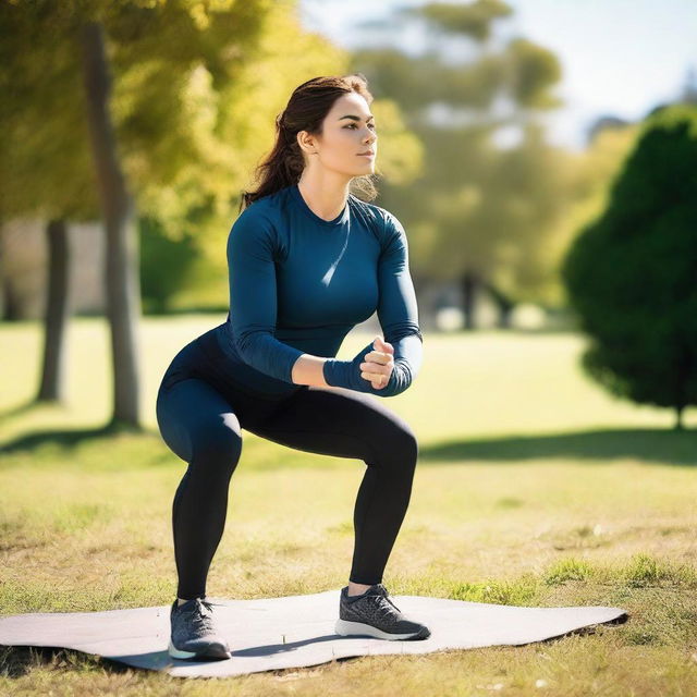 A sporty, attractive brunette woman is doing squats outdoors in the sun