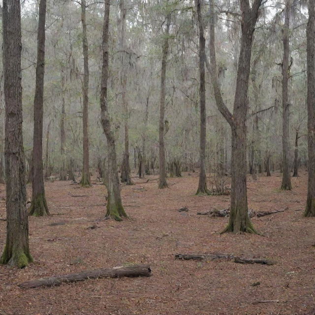 A dry Louisiana cypress tree forest, Spanish moss hanging from branches, with a ground covered in fallen leaves, devoid of water bodies.